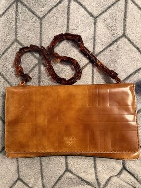 Prada Cognac Leather Messenger Bag with Tortoiseshell Chain